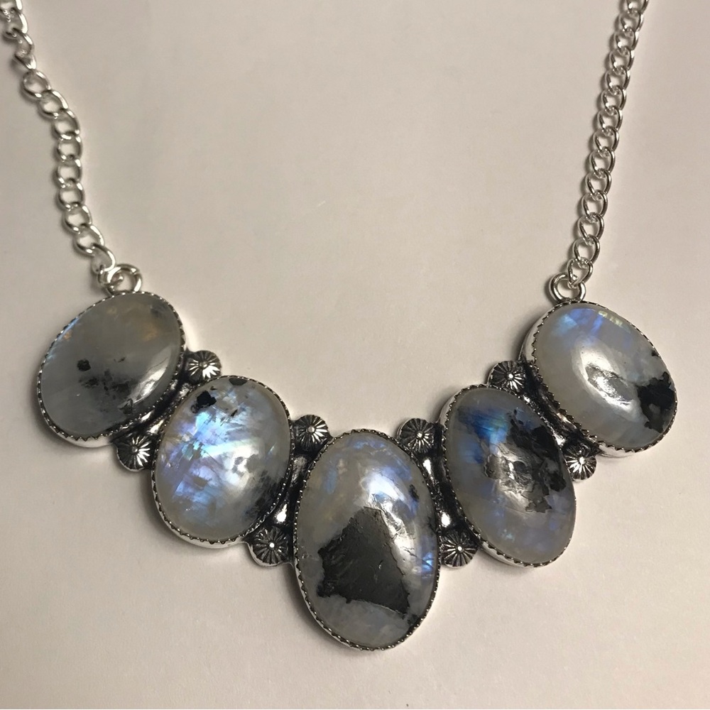 Rainbow Fire Moonstone Stamped 925 Sterling Silver Necklace